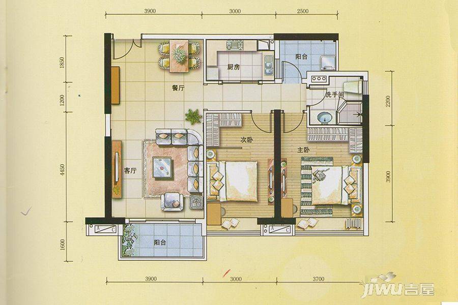 元邦明月水岸3室2厅1卫95㎡户型图