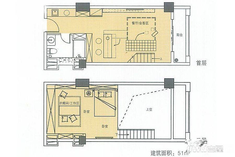 功夫小镇1室1厅1卫51㎡户型图