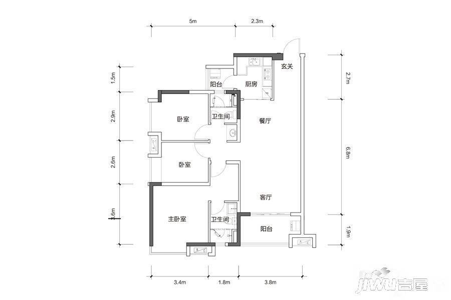 保利星海小镇3室2厅2卫105㎡户型图