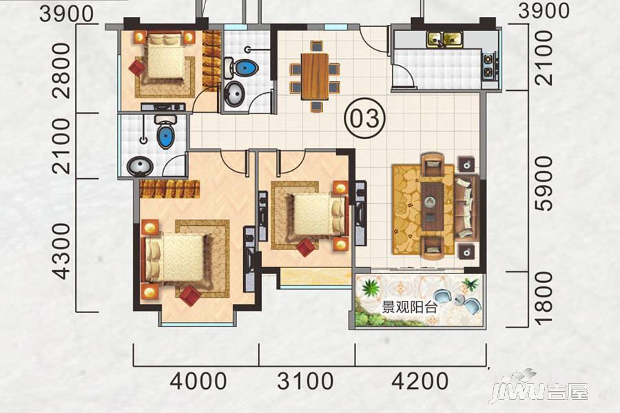 广晟圣淘沙3室2厅2卫121㎡户型图