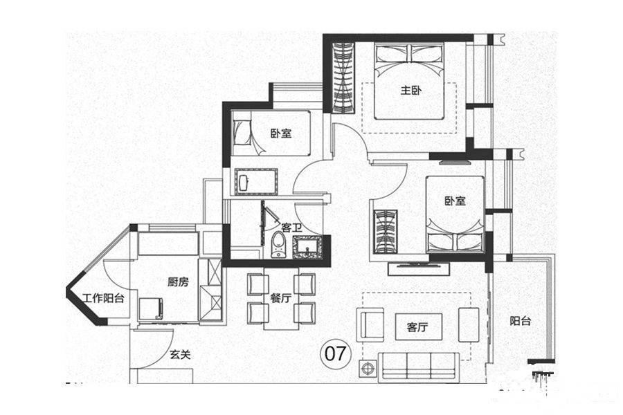 保利紫云3室2厅1卫89.7㎡户型图