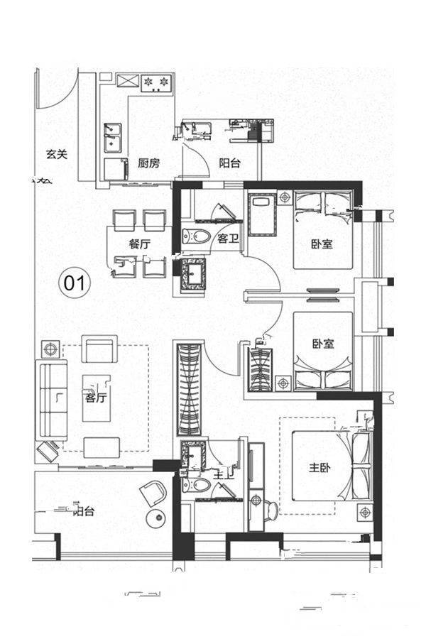 保利紫云3室2厅2卫111㎡户型图