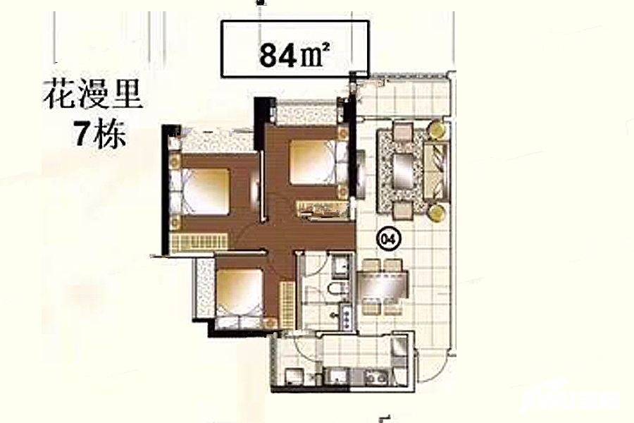 合景花漫里3室2厅1卫84㎡户型图