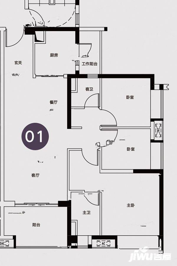 保利紫云3室2厅2卫105㎡户型图