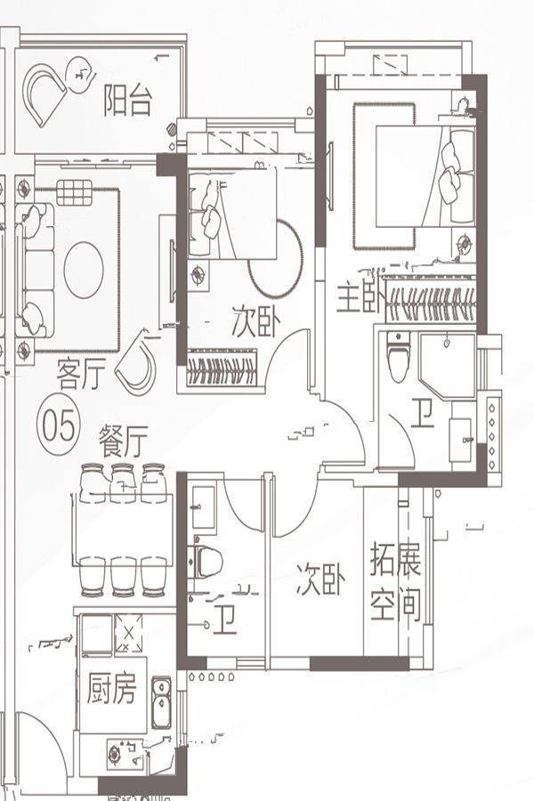 越秀滨海新城3室2厅2卫94㎡户型图
