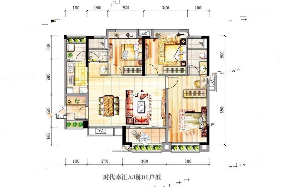 时代幸汇3室2厅2卫97.6㎡户型图