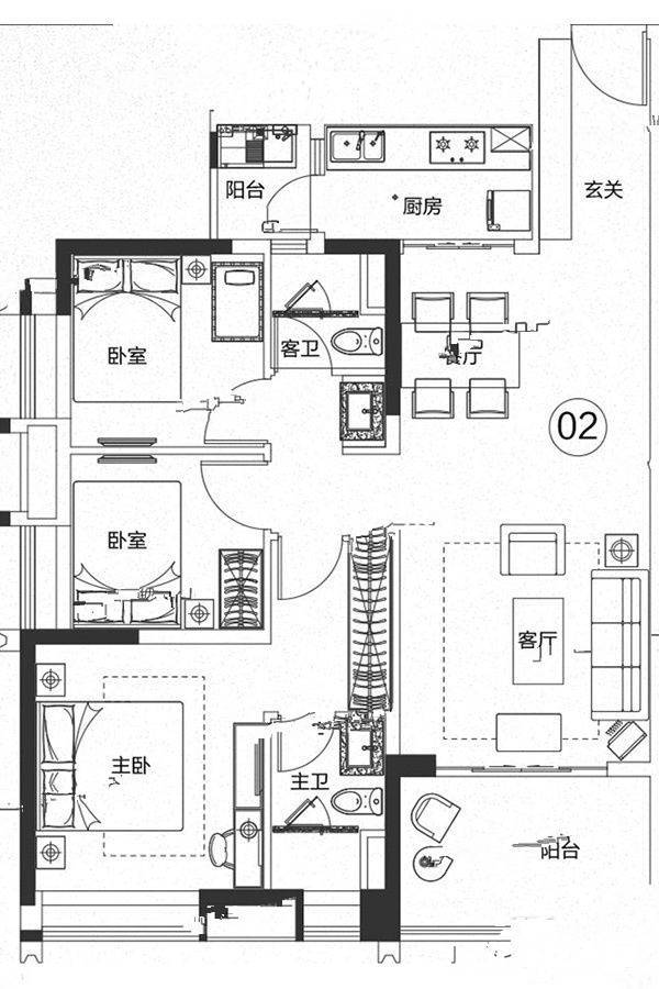 保利紫云3室2厅2卫109.6㎡户型图