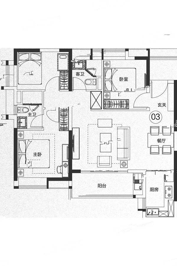 保利紫云3室2厅2卫106.6㎡户型图