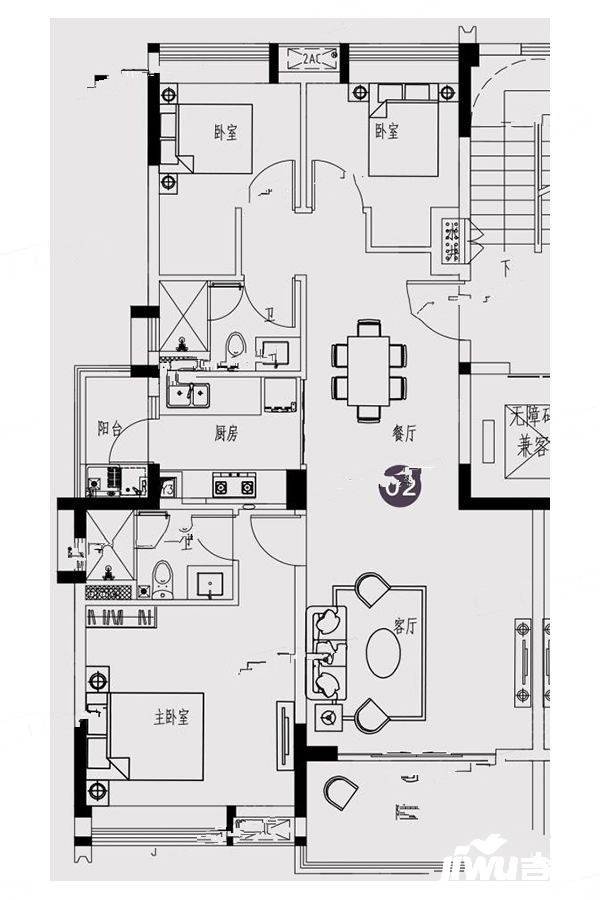 保利紫云3室2厅2卫104.8㎡户型图