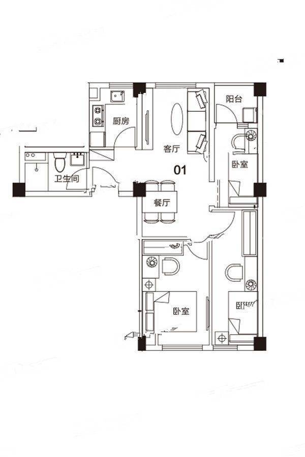 瑞万璞悦里3室2厅1卫73.6㎡户型图