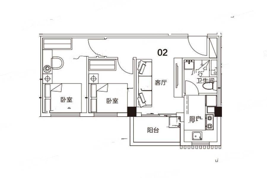 瑞万璞悦里2室2厅1卫54.7㎡户型图