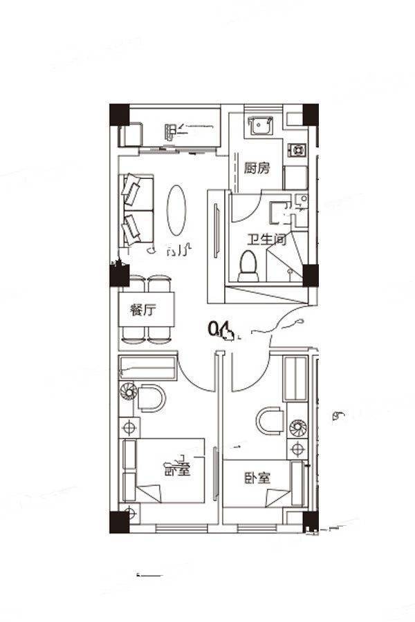 瑞万璞悦里2室2厅1卫58.4㎡户型图