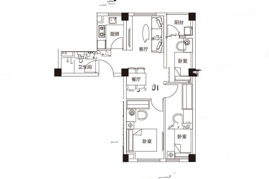 瑞万璞悦里3室2厅1卫74㎡户型图