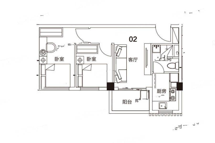 瑞万璞悦里2室2厅1卫55㎡户型图