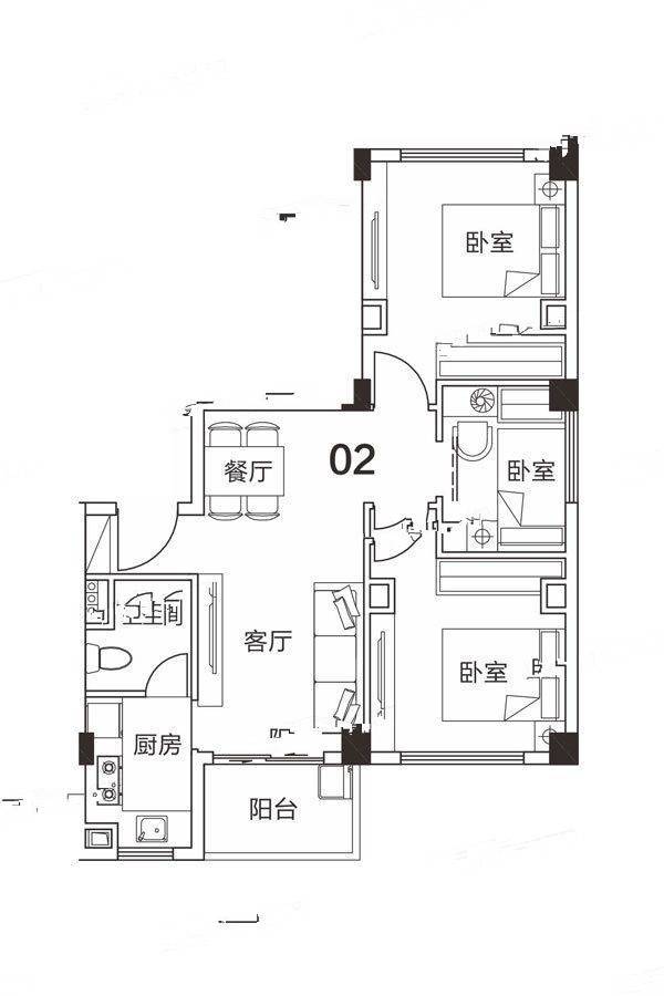 瑞万璞悦里3室2厅1卫85.2㎡户型图