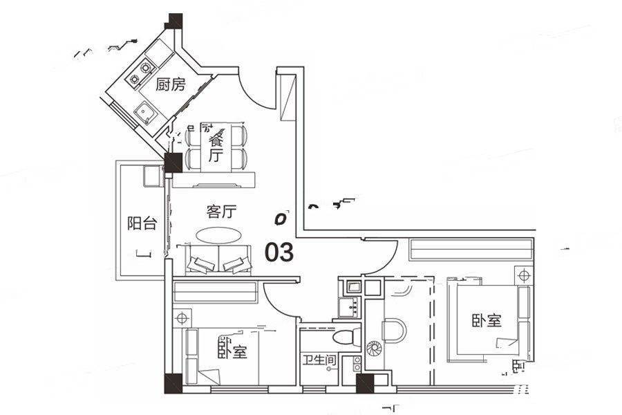 瑞万璞悦里2室2厅1卫80.8㎡户型图