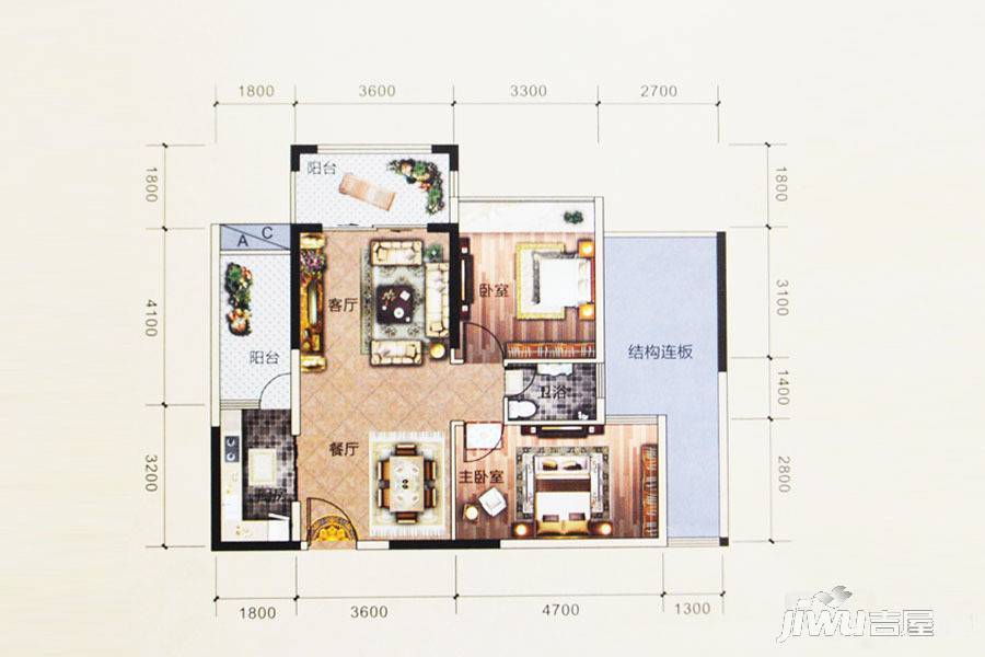 嘉豪园二期2室2厅1卫80.1㎡户型图