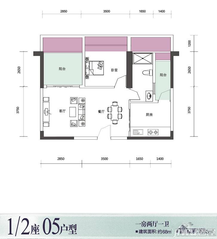 兆兴碧瑞花园1室2厅1卫68㎡户型图