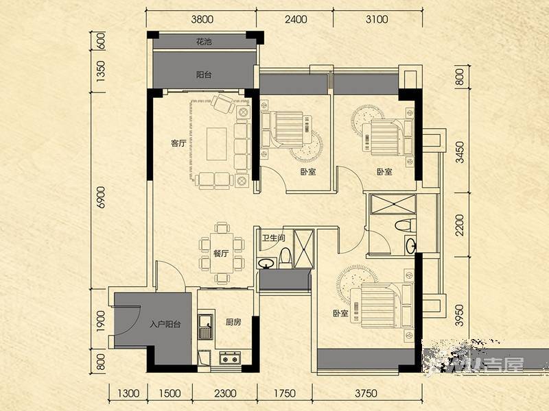 南国豪苑3室2厅2卫95㎡户型图