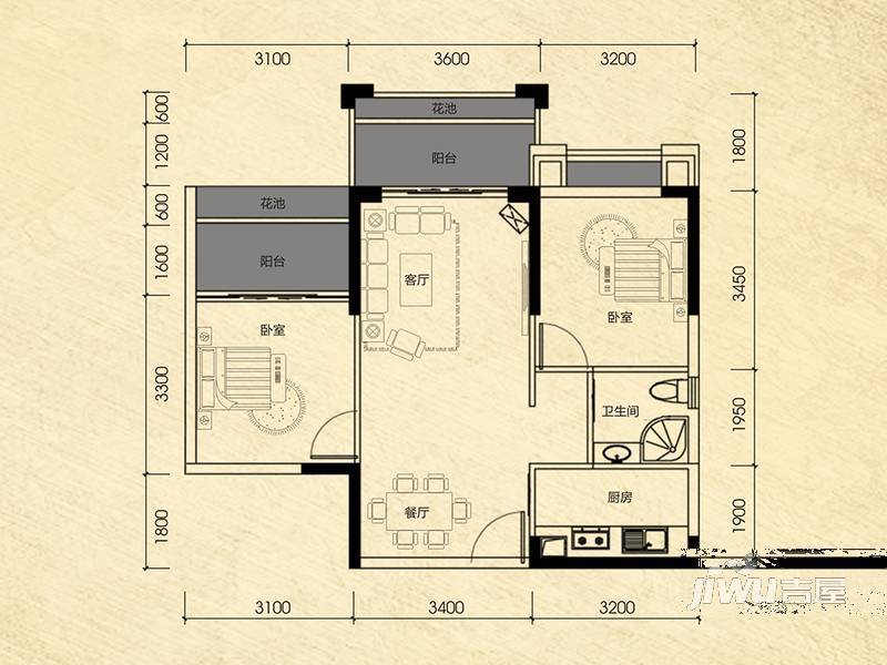 南国豪苑2室2厅1卫87㎡户型图