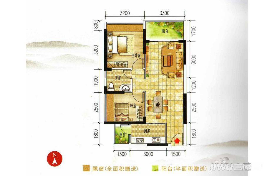 长盈翰林苑商铺2室2厅1卫69.5㎡户型图