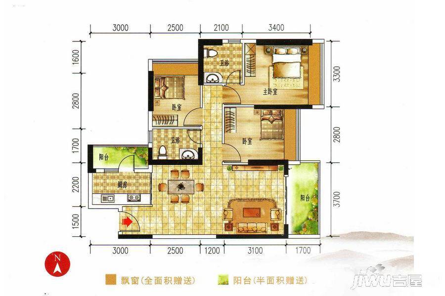 长盈翰林苑商铺3室2厅2卫96.4㎡户型图