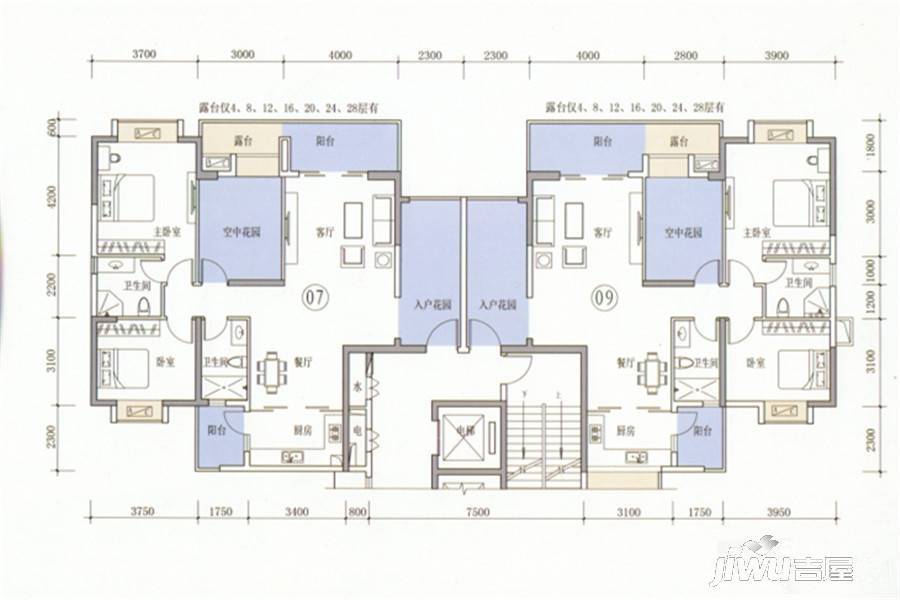 城市美林2室2厅2卫121.7㎡户型图