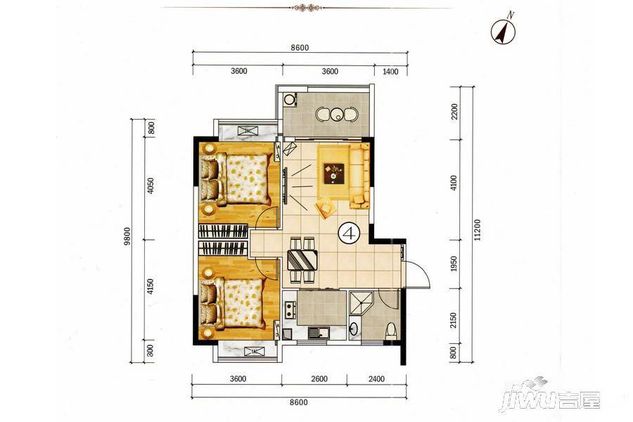 新景豪庭2室2厅1卫85.9㎡户型图