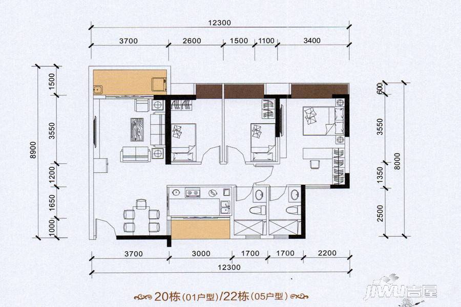 廉江锦绣华景3室2厅2卫103㎡户型图