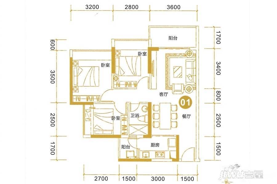 长盈翰林苑商铺3室2厅1卫87㎡户型图