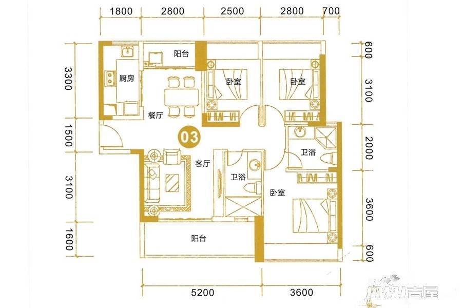 长盈翰林苑商铺3室2厅2卫100㎡户型图