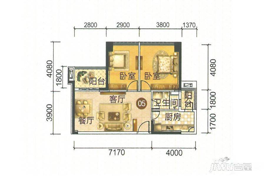 二力城2室2厅1卫80㎡户型图