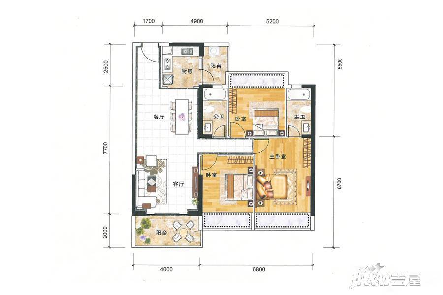 长盈翰林苑商铺3室2厅2卫124㎡户型图