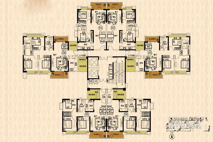 天润清华园3室2厅2卫121.5㎡户型图