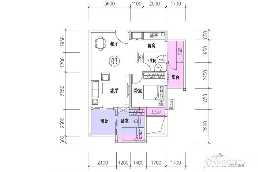 城市汇峰2室2厅1卫61㎡户型图