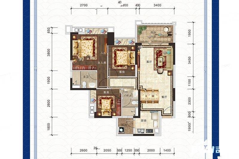 碧桂园海湾城3室2厅2卫100㎡户型图