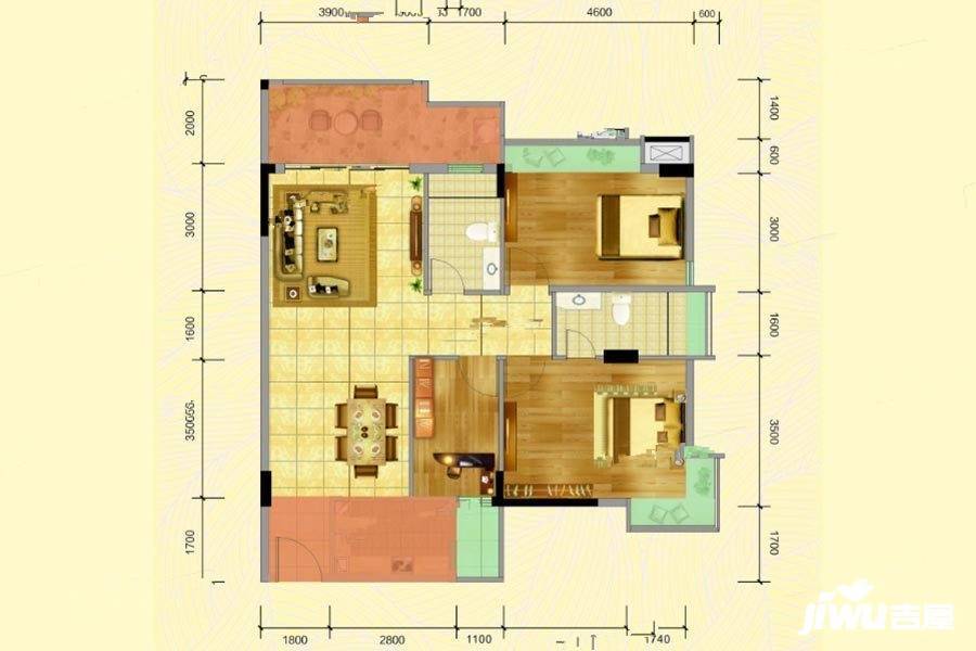 名城世家3室2厅2卫105.4㎡户型图