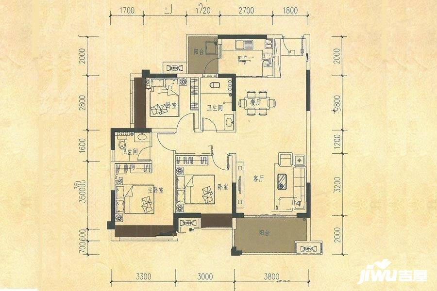 龙湾悦府3室2厅2卫104㎡户型图