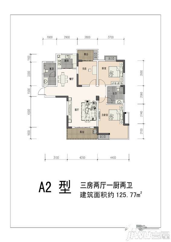 新城文昌花园3室2厅2卫125.8㎡户型图