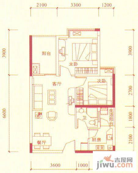 双城世纪2室2厅1卫68.6㎡户型图