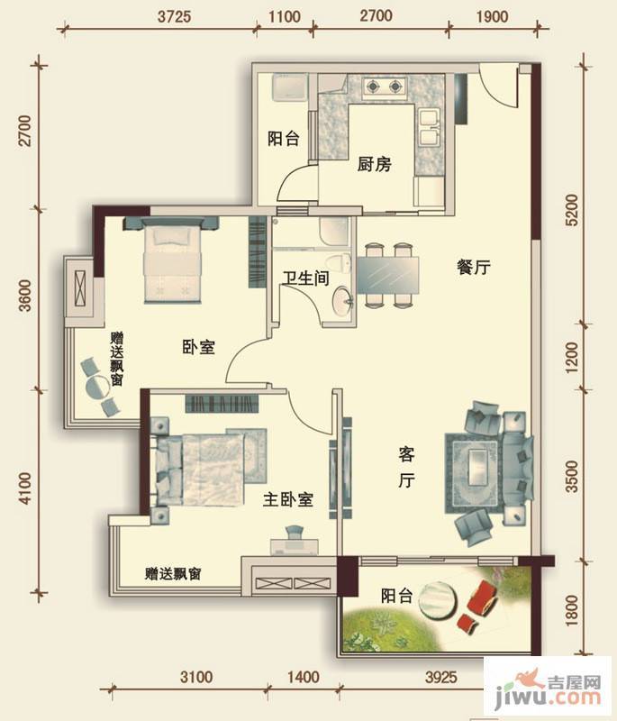 水岸香洲2室2厅1卫82㎡户型图