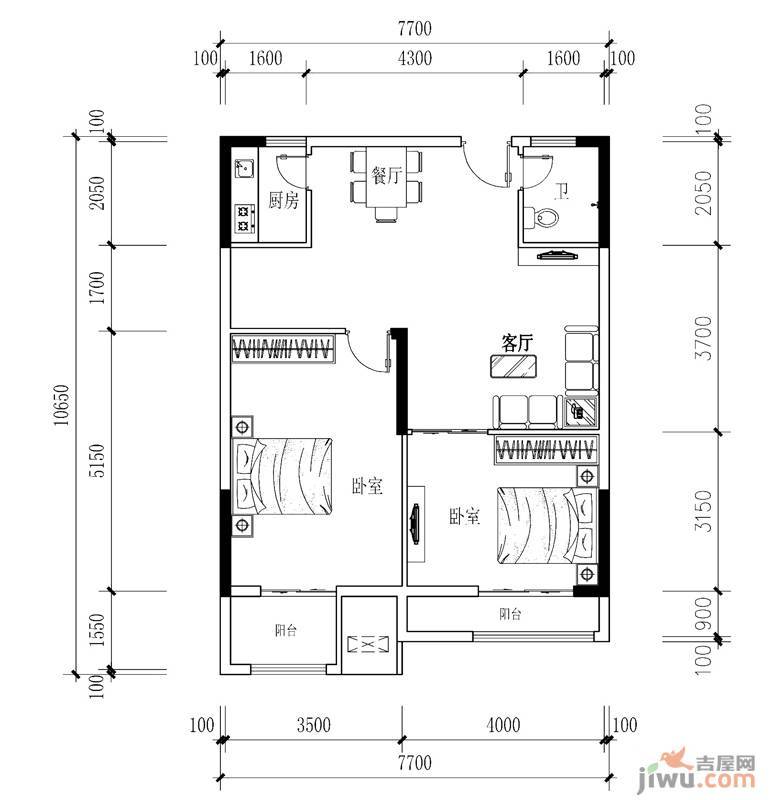 三和国际花园城1室1厅1卫47.5㎡户型图