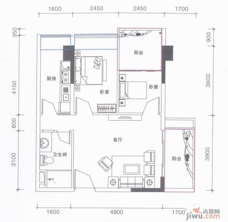 鹏达御西湖2室2厅1卫71㎡户型图