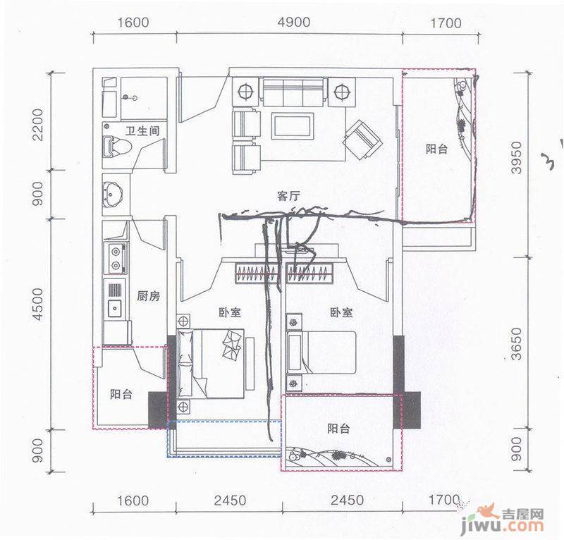 鹏达御西湖2室2厅1卫68㎡户型图