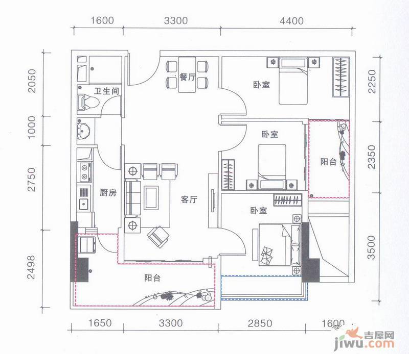 鹏达御西湖3室2厅1卫85㎡户型图