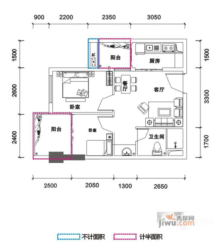 鹏达御西湖2室1厅1卫57㎡户型图