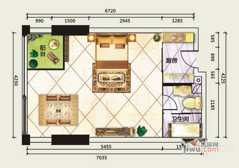 德明合立方1室1厅1卫37.7㎡户型图