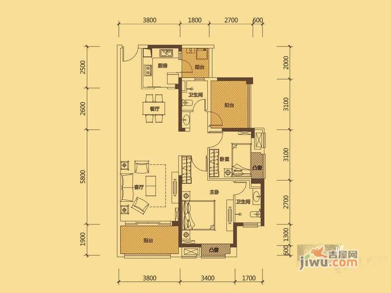 中信凯旋城2室2厅2卫108㎡户型图