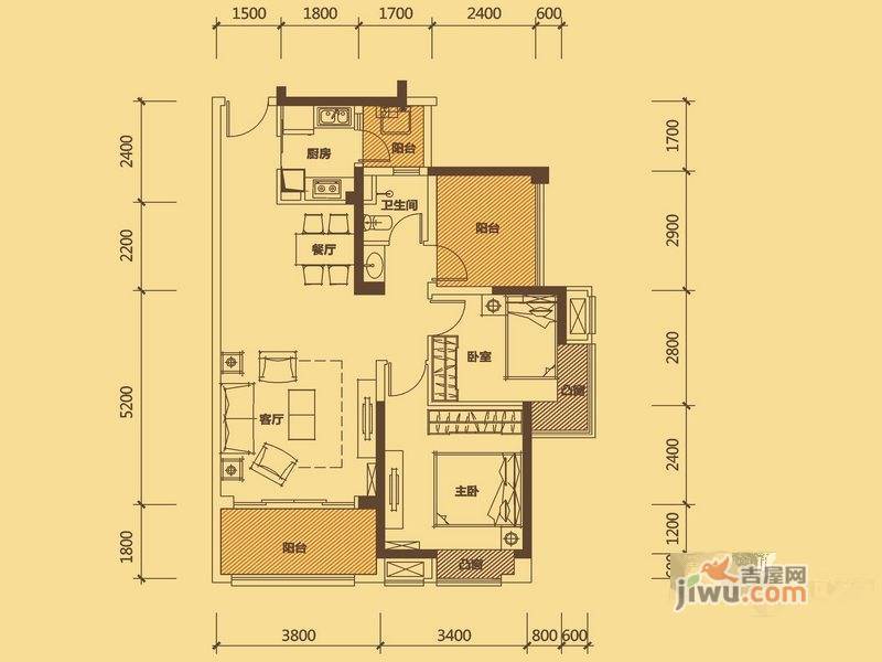 中信凯旋城2室2厅1卫88㎡户型图