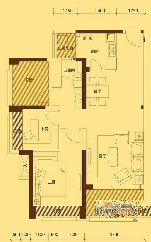 中信凯旋城2室2厅1卫88㎡户型图